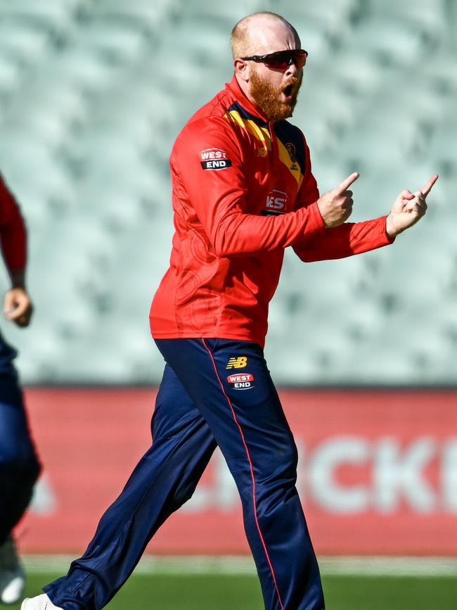 SA leg-spinner Lloyd Pope celebrates taking the wicket of Tasmania’s Nivethan Radhakrishnan during the One-Day Cup match at Adelaide Oval on Sunday. Picture: Mark Brake/Getty Images