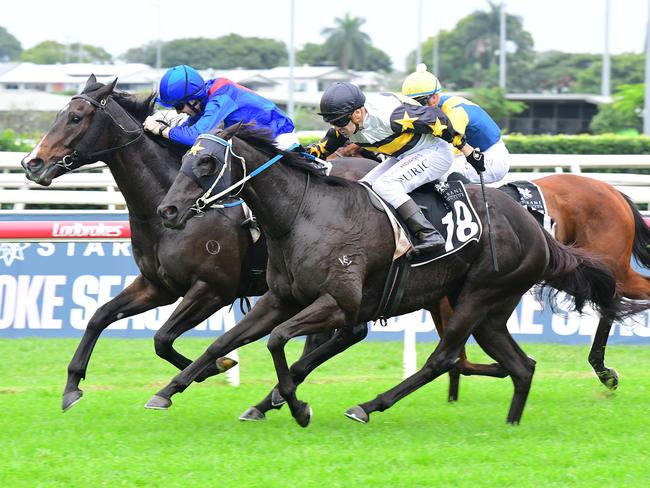 Jockey Vlad Duric powers Roll On High to victory in the Group 3 Fred Best Classic to secure a spot in the Stradbroke Handicap. Picture: Grant Peters - Trackside Photography