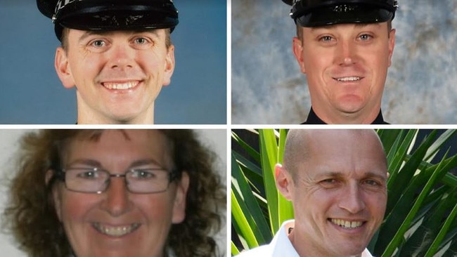 The four officers killed in the crash. From top left, clockwise: Constable Joshua Prestney, Constable Glen Humphris, Senior Constable Kevin King, Leading Senior Constable Lynette Taylor.