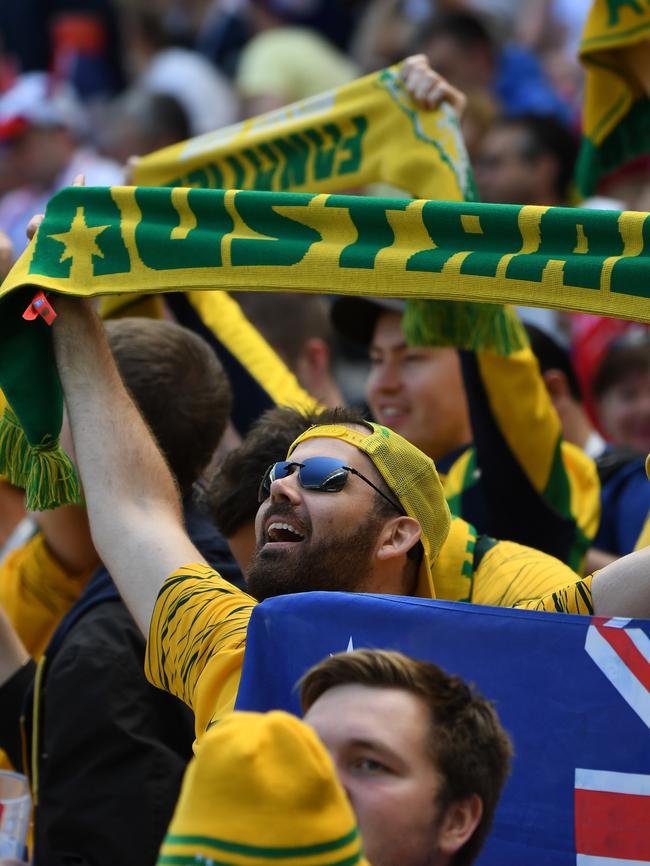 Australian supporters cheer for the Socceroos during the FIFA World Cup group match between Australia and France at Kazan Arena on Saturday night. Picture: AAP Image/Dean Lewins