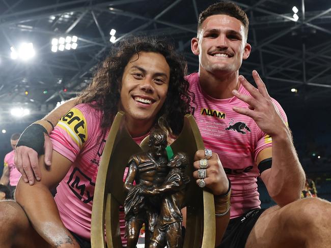 SYDNEY, AUSTRALIA - OCTOBER 06:  Jarome Luai and Nathan Cleary of the Panthers pose with the Provan-Summons Trophy after winning the 2024 NRL Grand Final match between the Melbourne Storm and the Penrith Panthers at Accor Stadium on October 06, 2024, in Sydney, Australia. (Photo by Cameron Spencer/Getty Images)