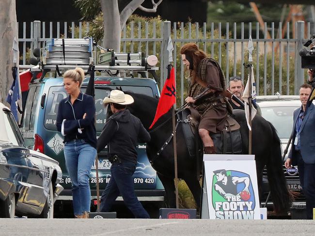 Eddie McGuire on a horse during filming of what appears to be a scene with a Braveheart theme. Picture: Kylie Else