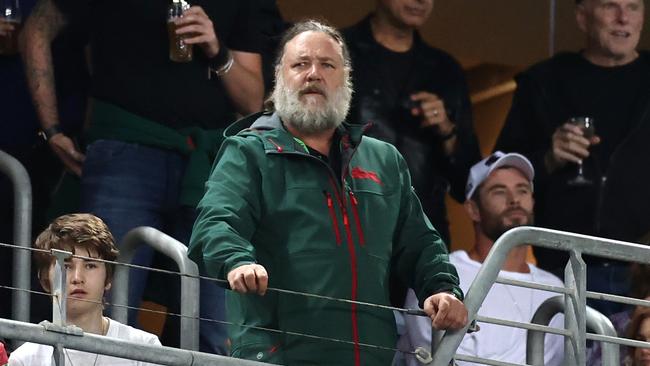 Actor Russell Crowe watches the round three NRL match between the South Sydney Rabbitohs and the Sydney Roosters at Stadium Australia on March 26, 2021, in Sydney, Australia. (Photo by Cameron Spencer/Getty Images)