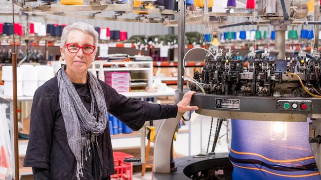 Silver Fleece managing director Cathy Barton with a wool knitting machine Picture: Supplied