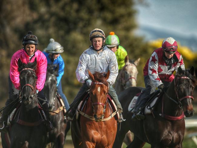 Harry Coffey (centre) works alongside Michelle Payne at Ballarat. Picture: Colleen Petch