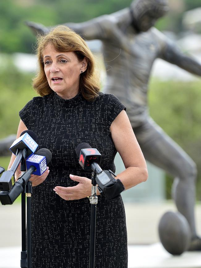 Townsville Mayor Jenny Hill addressed media outside Queensland Country Bank Stadium. PICTURE: MATT TAYLOR.