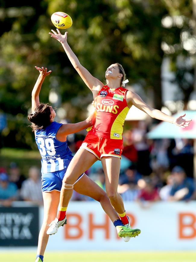 Lauren Bella of the Suns competes for the ball during the round four AFLW match between the North Melbourne Kangaroos and the Gold Coast Suns at Arden Street Oval on February 29, 2020 in Melbourne, Australia. (Photo by Kelly Defina/AFL Photos/ via Getty Images)