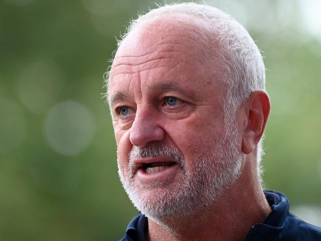 MELBOURNE, AUSTRALIA - MARCH 27: SocceroosÃ¢â¬â¢ Head Coach Graham Arnold speaks to the media during an Australia Socceroos Media Opportunity at Federation Square on March 27, 2023 in Melbourne, Australia. (Photo by Quinn Rooney/Getty Images)