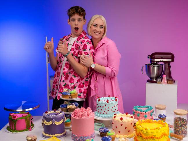 Blayz Meredith, 14, pictured with his Mum and co-CEO Jay Curtain, is launching an Australian first platform and app, Got Cakey. Picture: Supplied