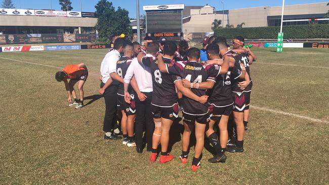 The Marsden SHS players huddle together before the start of extra time. Picture: Andrew Dawson