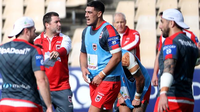 Jamayne Taunoa-Brown (centre) had a short stint with the Dragons cut short after the Warriors suffered a spate of injuries. Picture: Toby Zerna