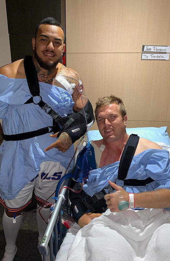 Addin Fonua-Blake and Jake Trbojevic after undergoing recent shoulder surgery. Picture: Instagram