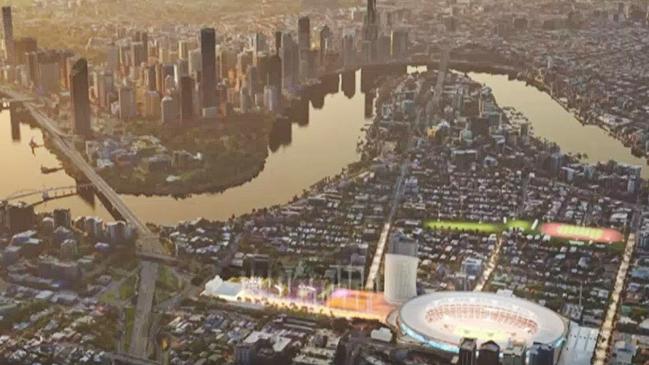 A digital depiction of how the Gabba and surrounding areas in South Brisbane will be transformed for the 2032 Olympics in Brisbane.