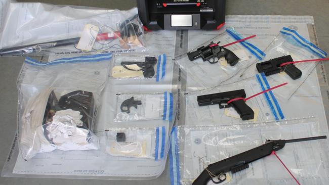 These firearms were allegedly found when police searched Shivaan Christensen’s Morphett Vale home on August 3. Picture: SA Police