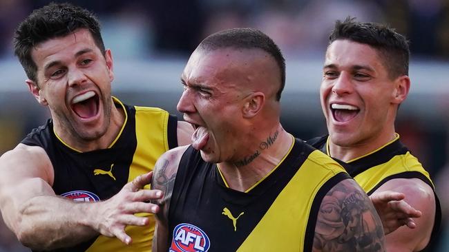 Dustin Martin celebrates a goal during the 2019 grand final between the Richmond Tigers and the GWS Giants. Picture: AAP