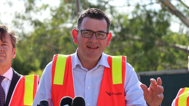 Victorian Premier Daniel Andrews is seen during a press conference to announce an increase in construction on the Chandler Highway, Melbourne, on Thursday, March 22, 2018. (AAP Image/Alex Murray) NO ARCHIVING