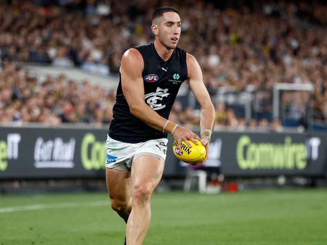 Jacob Weitering of the Blues in action in round one. Picture: Michael Willson/AFL Photos via Getty Images.