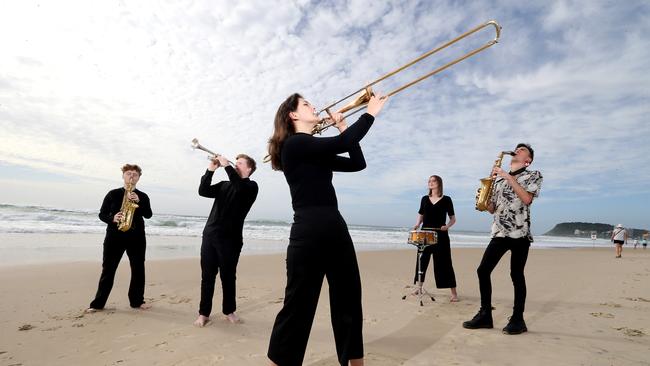 Photo taking in May, 2021 at the launch of Bleach Festival at North Burleigh (L-R) Courts Lovell, Sam Schimmig, Phoebe Woods, Mat Klotz and Willow Giles. Picture by Richard Gosling.