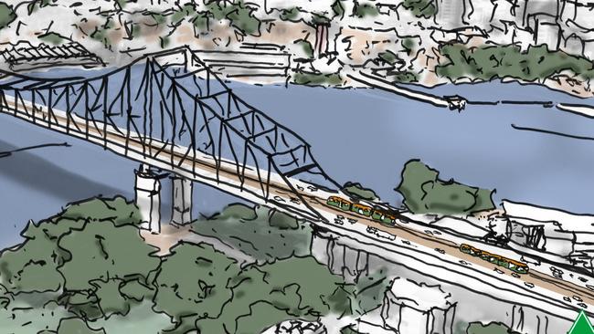 Artist impression images of a plan put forward by The Greens ahead of the Brisbane City Council election to bring trams back to Brisbane. Photo: Supplied.