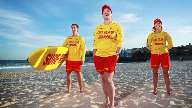 Bondi surf lifesavers Dylan Hackers, Amber Jones and Laura Brady anticipate a summer like no other. Picture: John Feder