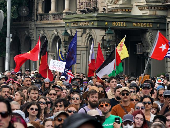 Protesters fill Spring St for the Invasion Day rally Picture: NCA NewsWire / Luis Enrique Ascui