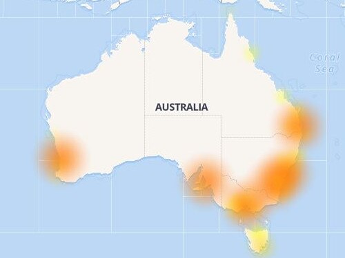 The user-generated map of where Telstra users were experiencing issues. Picture: AussieOutages.com