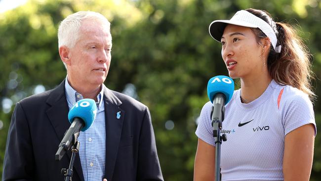 Tiley with world No.5 Zheng Qinwen from China before this year’s tournament. Tennis Australia has long feared that either China or Saudi Arabia will swoop and upstage the Australian Open. Picture: Getty Images