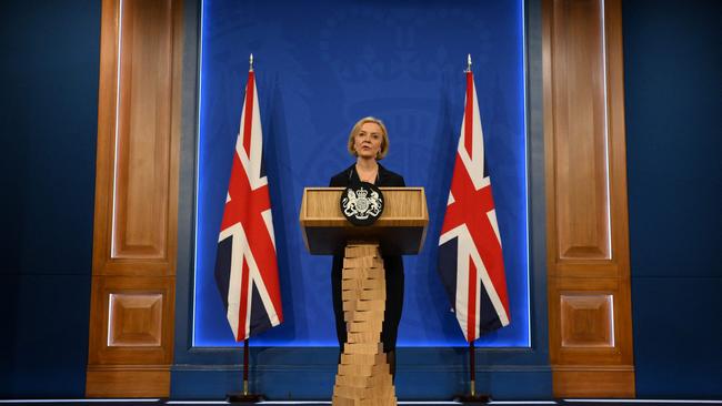 Britain's Prime Minister Liz Truss at her press conference in the Downing Street briefing room on Friday after dismissing Kwasi Kwarteng as chancellor. Picture: Pool / AFP