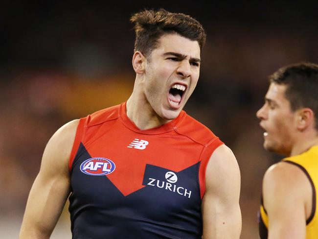 AFL 1st Semi-Final. 14/09/2018. Hawthorn vs Melbourne at the MCG. Melbourne's Christian Petracca celebrates his goal in the first quarter    . Pic: Michael Klein