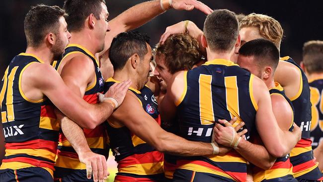 Sloane is mobbed by Crows after kicking a long goal. Pic: Getty Images