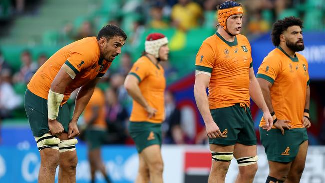 SAINT-ETIENNE, FRANCE - SEPTEMBER 17: Richard Arnold of Australia looks dejected during the Rugby World Cup France 2023 match between Australia and Fiji at Stade Geoffroy-Guichard on September 17, 2023 in Saint-Etienne, France. (Photo by Phil Walter/Getty Images)