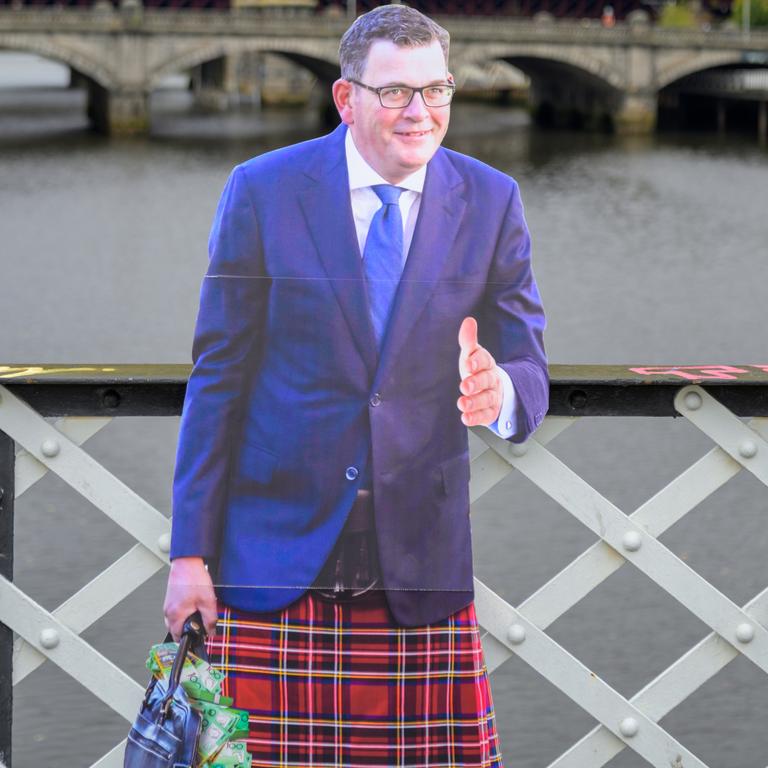 A cardboard cutout of former Victorian premier Dan Andrews has been popping up across Glasgow, with Scots gleefully taking selfies with the kilted effigy of the man many Australians hold responsible for the Commonwealth Games hosting duties landing with Glasgow at a cost of $589 million to Victorian taxpayers. Picture: supplied