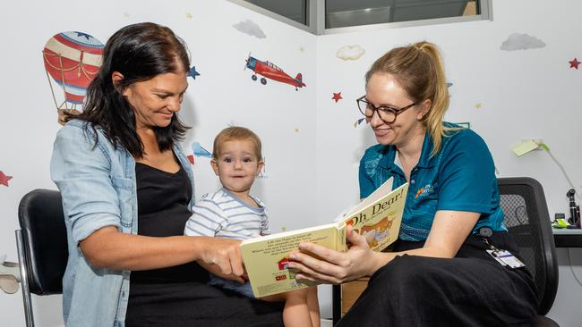 NT Hearing Services Audiology Team Leader Eleanor Peacocke with Lucy Barras and her son Henry during a consultation, highlighting the importance of early hearing screenings for newborns. Picture: Pema Tamang Pakhrin