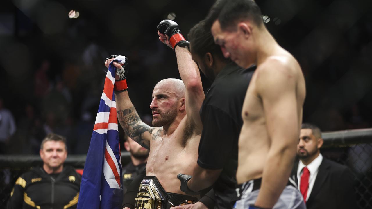 Alexander Volkanovski reacts after defeating Chan Sung Jung at UFC 273. Picture: James Gilbert/Getty