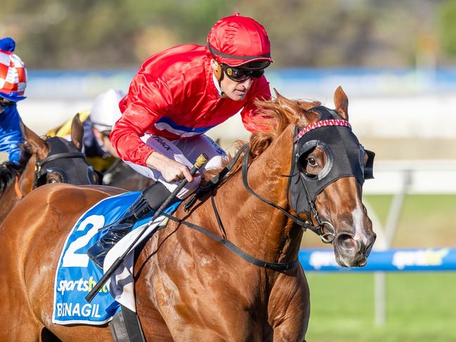 Benagil, ridden by Mark Zahra, wins the Australasian Oaks at Morphettvilleon Saturday. Picture: Makoto Kaneko