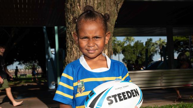 Young Parramatta fan Tasianna meets the players at a signing session on the Darwin Waterfront. Picture: Pema Tamang Pakhrin