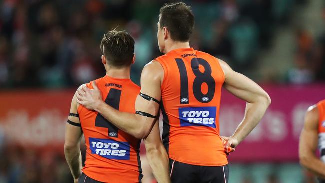 Toby Greene and Jeremy Cameron during the elimination final win over Sydney. Picture: Phil Hillyard