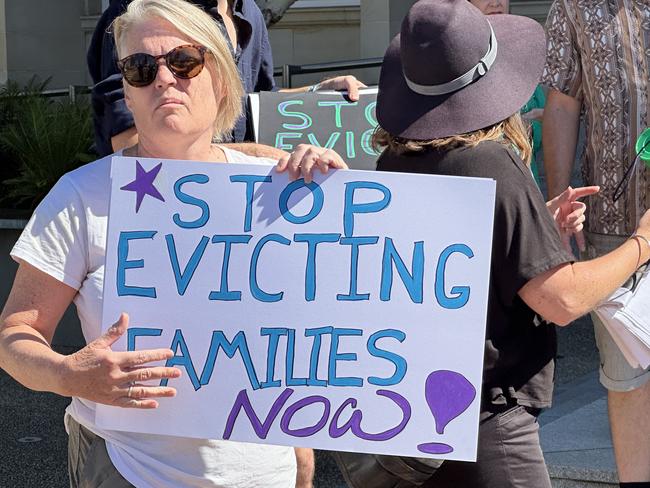 Renters and housing advocates rally at Parliament House in Perth for the State Government to end without grounds evictions.