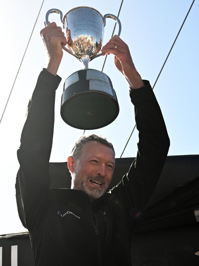 Christian Beck, skipper of LawConnect, celebrates winning line honours at the 2023 Sydney to Hobart.