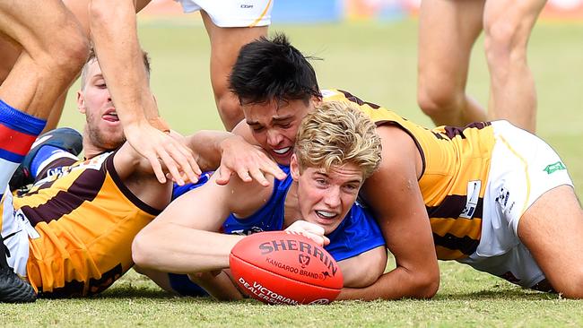 Footscray ruckman Tim English under pressure at the bottom of a pack. Picture: Josie Hayden.