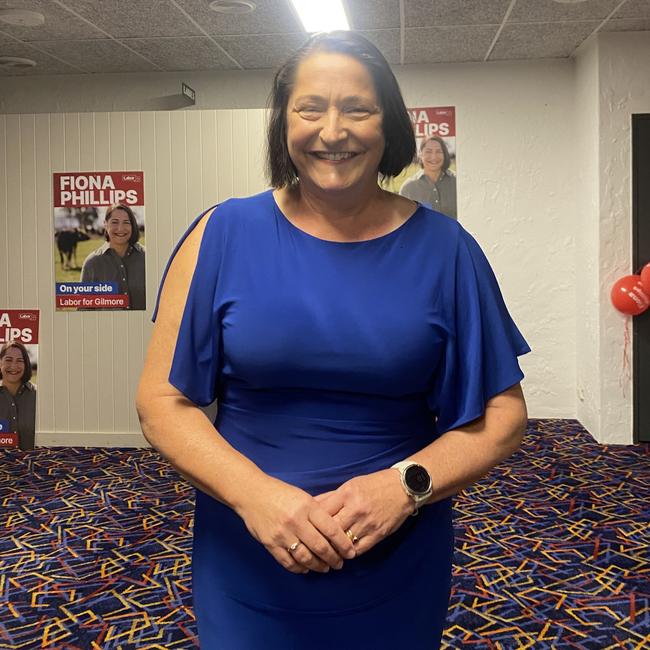 Gilmore Labor MP Fiona Phillips after giving her victory speech on 2025 Election Day. Picture: Hannah Farrow