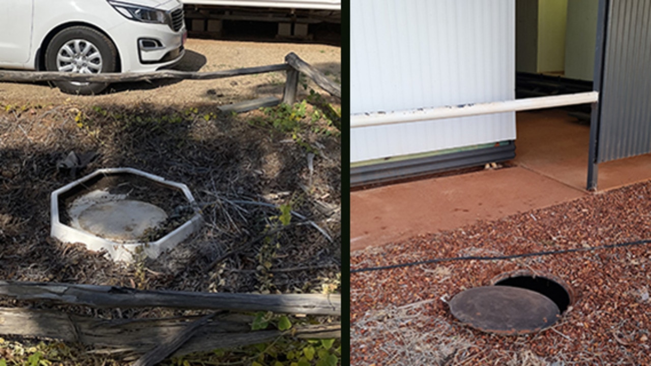 The septic tank lid in Katherine, into which an 18mo child fell in December 2021 (L) and the unsecured tank lid in Barkly into which a 4yo child fell in August 2022 (R).