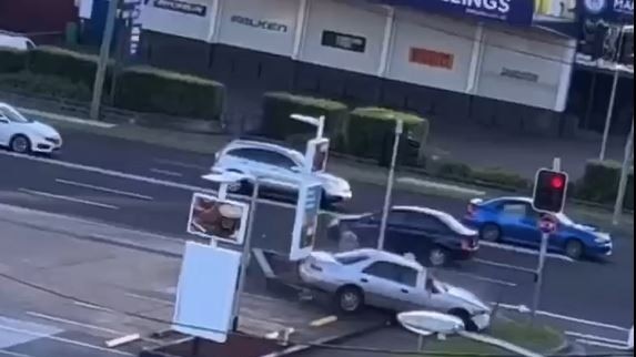 An elderly man was hospitalised after driving his car into the West Ryde 7 Eleven service station and nearly hitting a pedestrian.