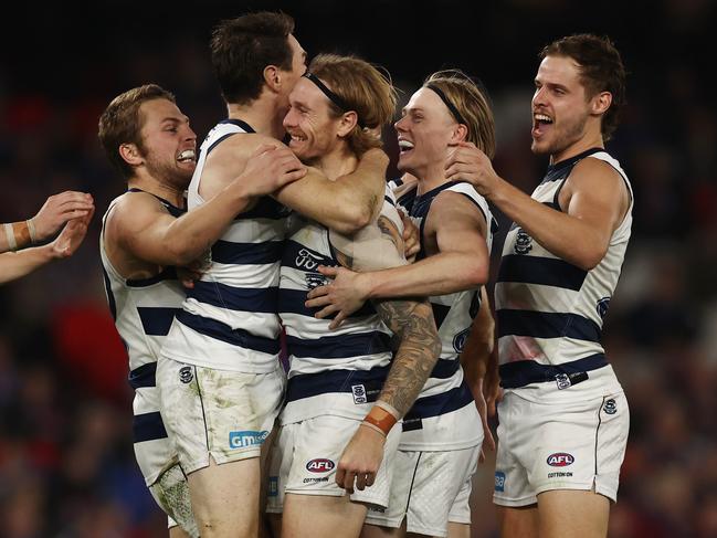 MELBOURNE - JUNE 3 , 2023. AFL Round 12.     Tom Stewart of the Cats celebrates a 4th quarter goal during the match between Western Bulldogs and Geelong at Marvel Stadium  on June the 3nd, 2023, in Melbourne, Australia. Photo by Michael Klein. . Photo by Michael Klein.