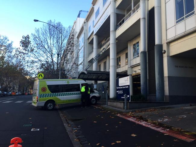 An ambulance arrives at the old Peter MacCallum Cancer Centre in Melbourne on Thursday, June 23, 2016. The Peter MacCallum Cancer Centre is transferring its patients to the new $1 billion Victorian Comprehensive Cancer Centre building. Picture: Melissa Meehan