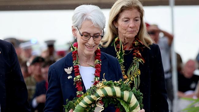 Wendy Sherman, with Caroline Kennedy, lays a wreath on August 8 to mark the 80th anniversary of the Battle of Bloody Ridge. Picture: AFP