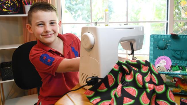 Angus Copelin-Walters used his time in COVID-19 lockdown to learn how to sew. Picture: Katrina Bridgeford