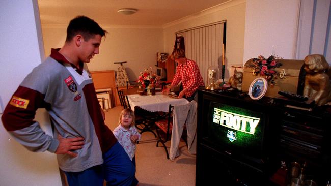 Then-Canterbury rugby league player Steve Price with young daughter Jamie-Lee in 1998.