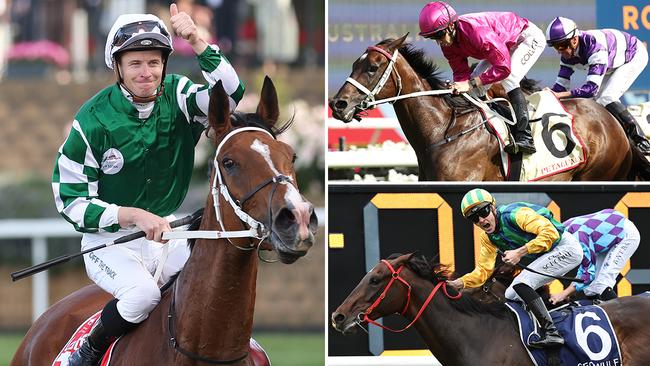 James McDonald and Via Sistina (left) reunite in Saturday's Group 1 Verry Elleegant Stakes at Royal Randwick, where they'll take on Fangirl (top right) and Ceolwulf. Pictures: Getty Images