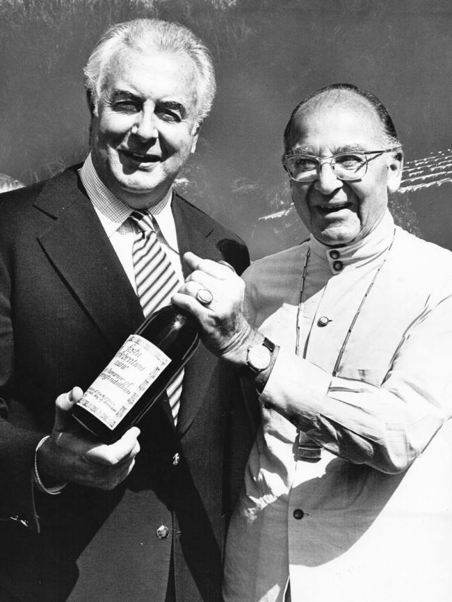 Gough Whitlam receiving a bottle of from Tasmanian winemaker Claudio Alcorso in 1978.